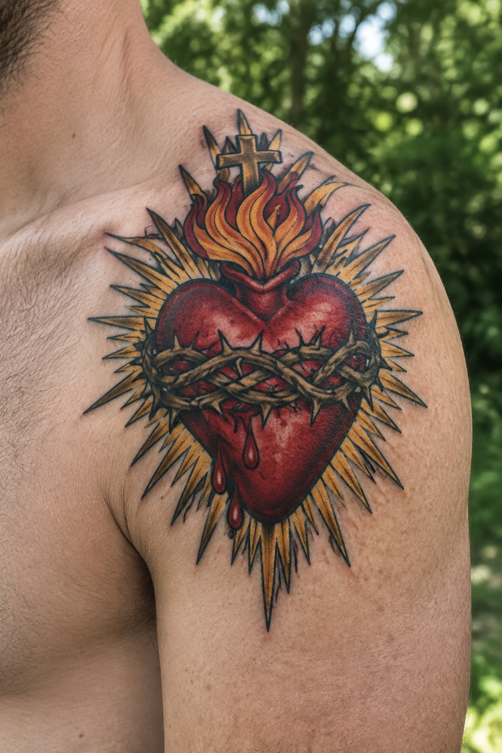 Red sacred heart tattoo with thorns, flames, cross, and rays on shoulder