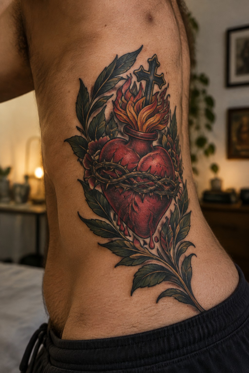 Colorful sacred heart tattoo with flames, cross, thorns and leaves on torso