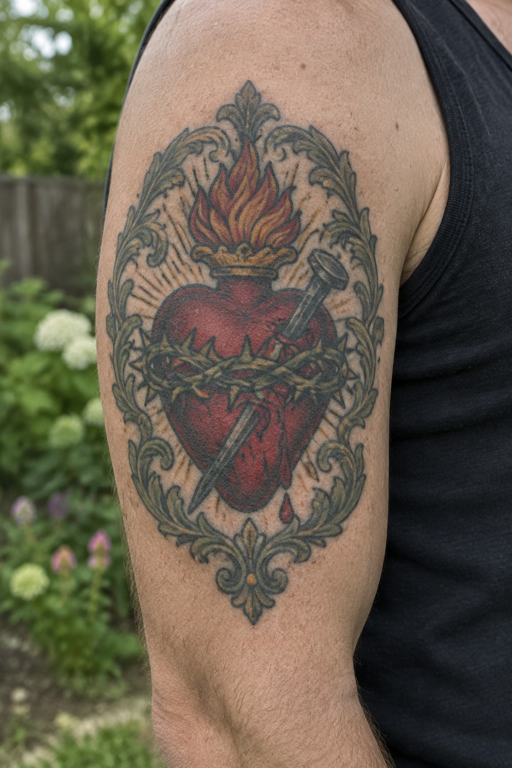Neo-traditional sacred heart tattoo on a man's upper arm with flames, thorns, nails, and ornate green flourishes