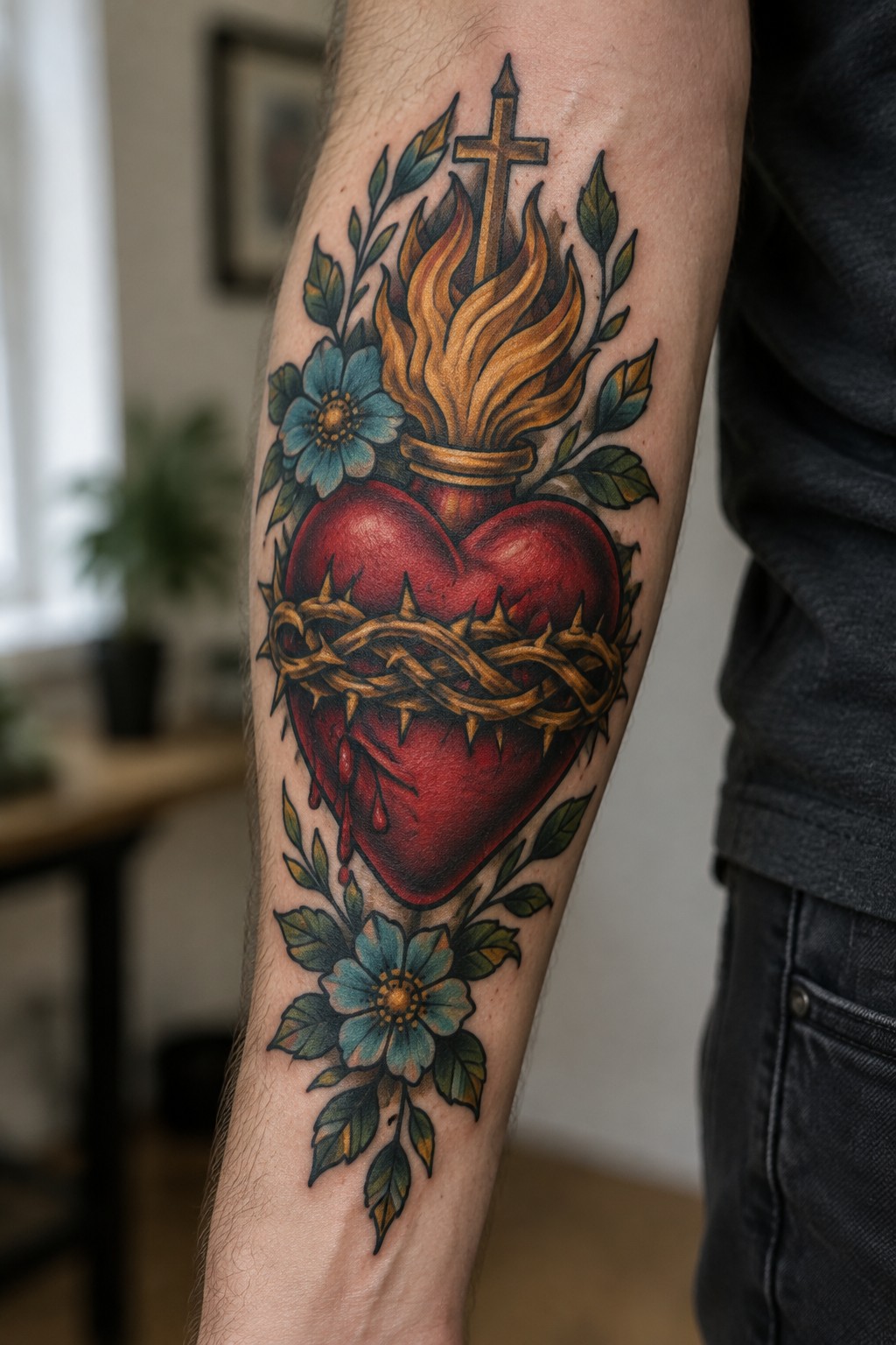 Red sacred heart tattoo with thorns, flaming cross, and blue flowers on arm.