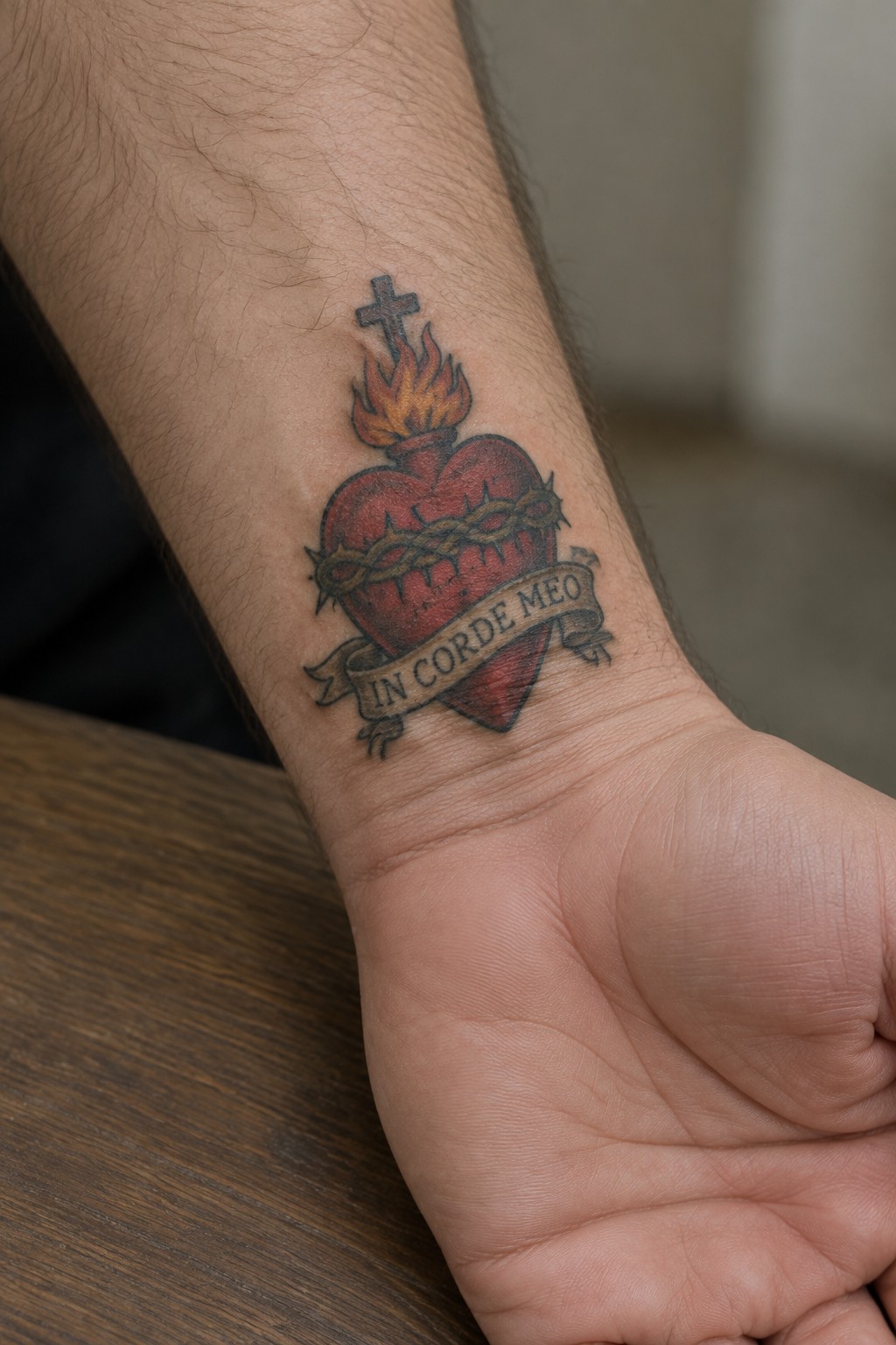 Neo-traditional sacred heart tattoo on the inner wrist showing flames, a cross, crown of thorns, and a banner with the text IN CORDE MEO