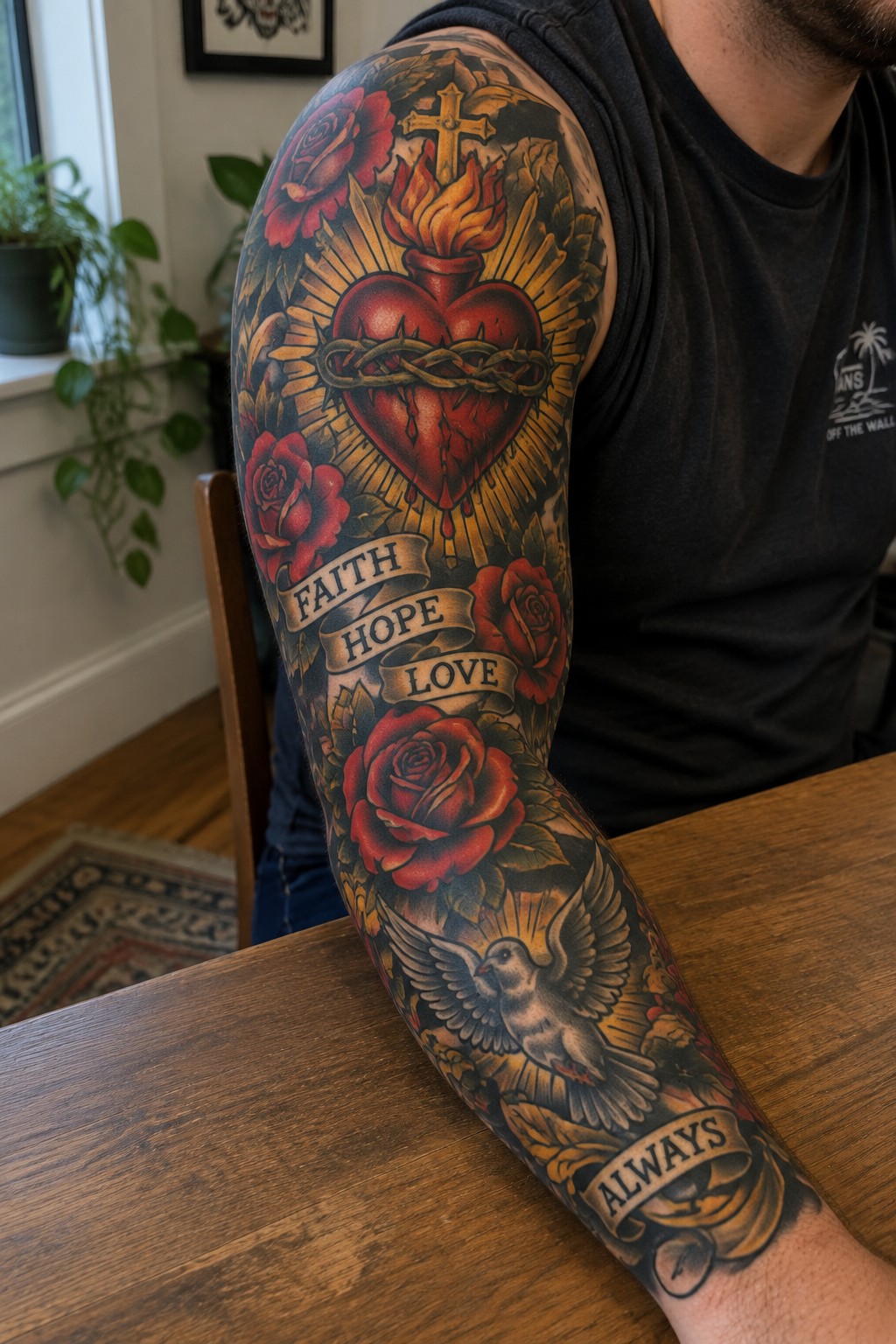 Man's black tank top arm shows red roses, sacred heart, dove, and banners.