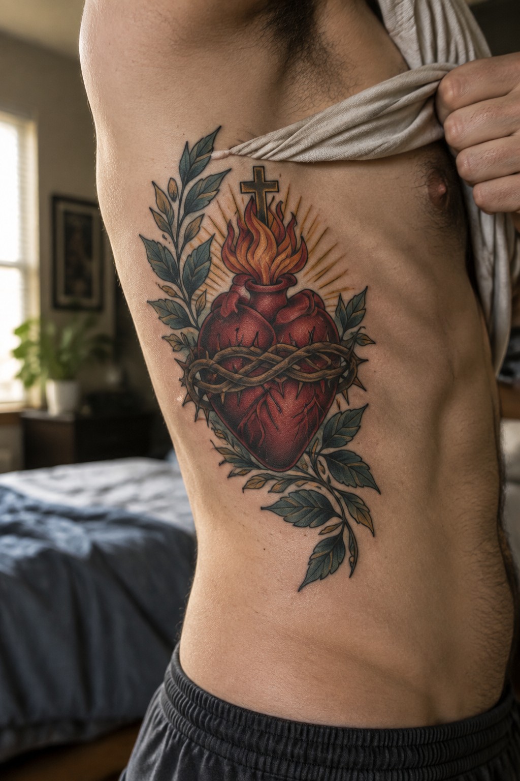 Neo-traditional sacred heart tattoo on a man's ribcage area showing a flaming heart with cross, crown of thorns, and leafy branches.