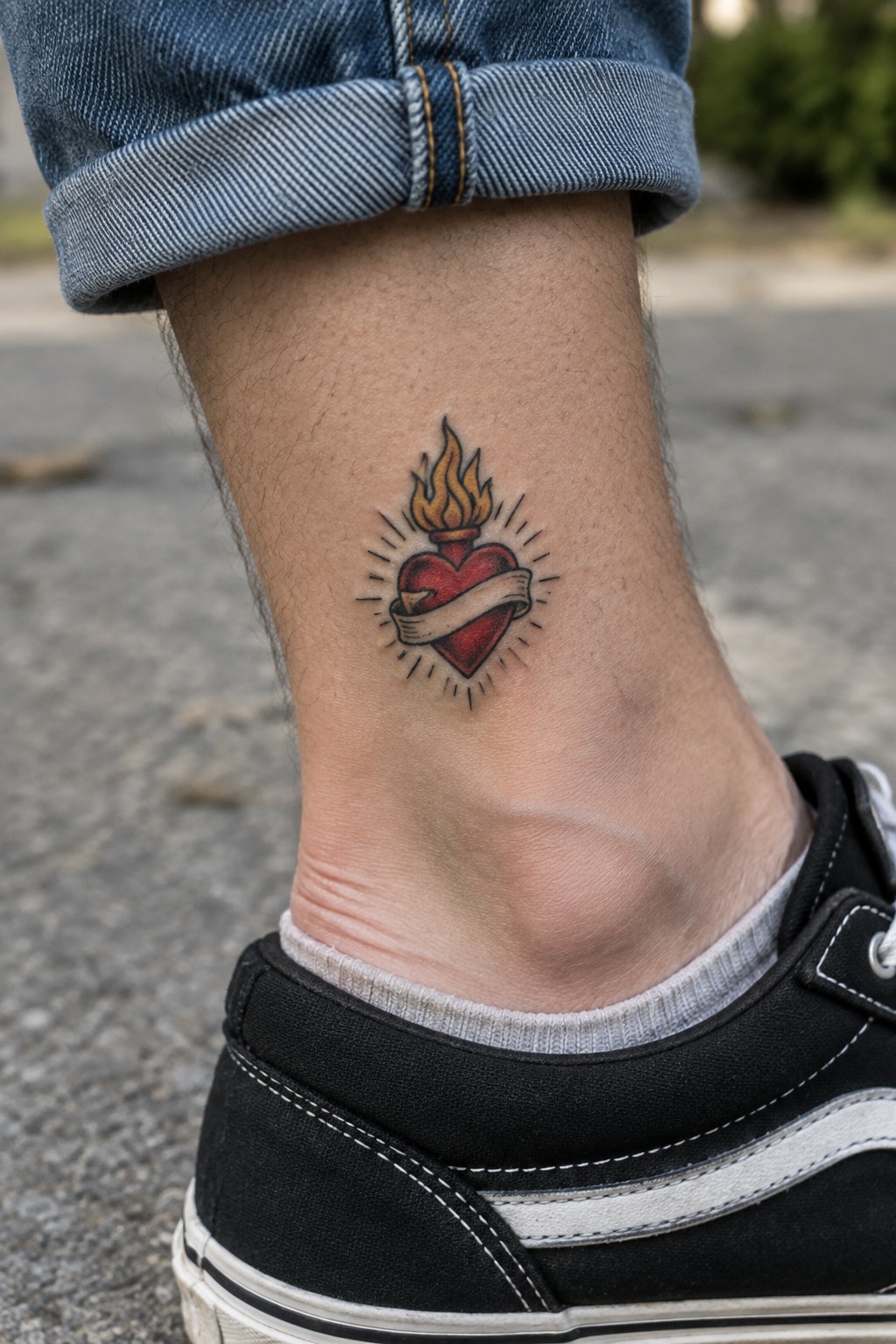 Neo-traditional sacred heart tattoo with flames and banner placed on a man's ankle above a black sneaker