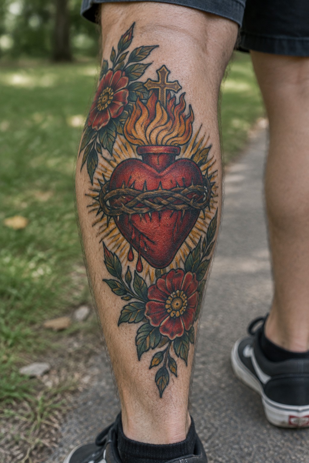 Neo-traditional sacred heart tattoo on a man's calf with flames, crown of thorns, cross, and red roses in bold colors