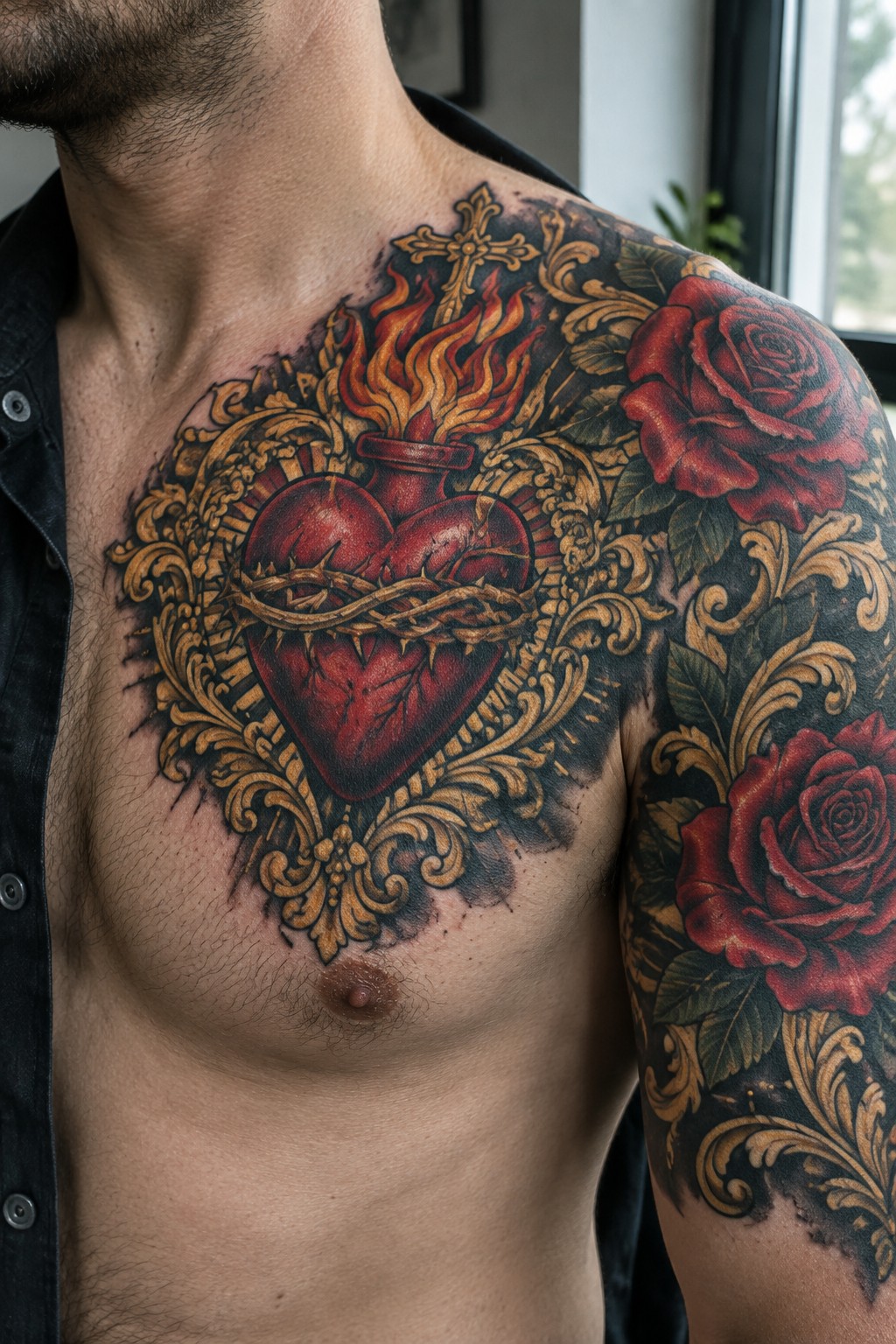 Man's chest with flaming sacred heart tattoo, thorns, cross, and red roses on shoulder