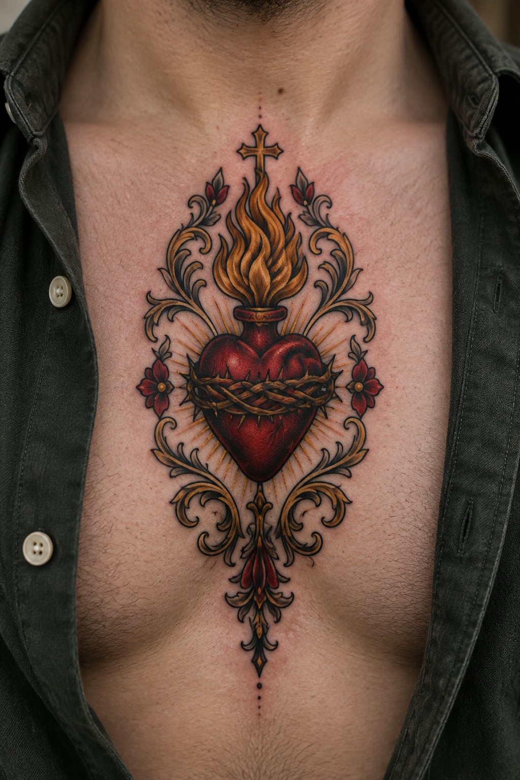 Realistic flaming Sacred Heart tattoo with cross on chest under open dark shirt