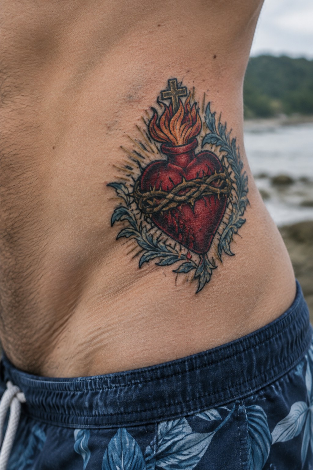 Red sacred heart tattoo with cross, flames, and thorns on torso above blue shorts