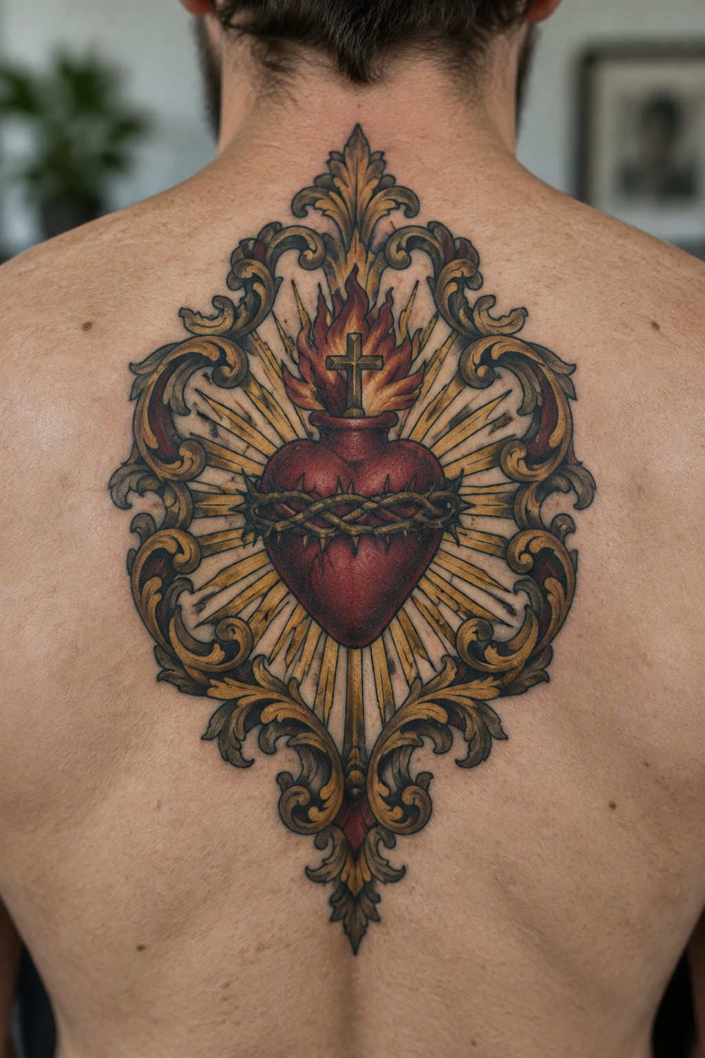 Large neo-traditional sacred heart tattoo on a man's upper back with a red heart wrapped in thorns, flames rising to a cross, and an ornate gold frame.