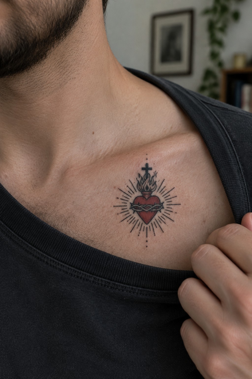 Sacred heart tattoo with cross, flames, and thorns on man's chest under black tank.