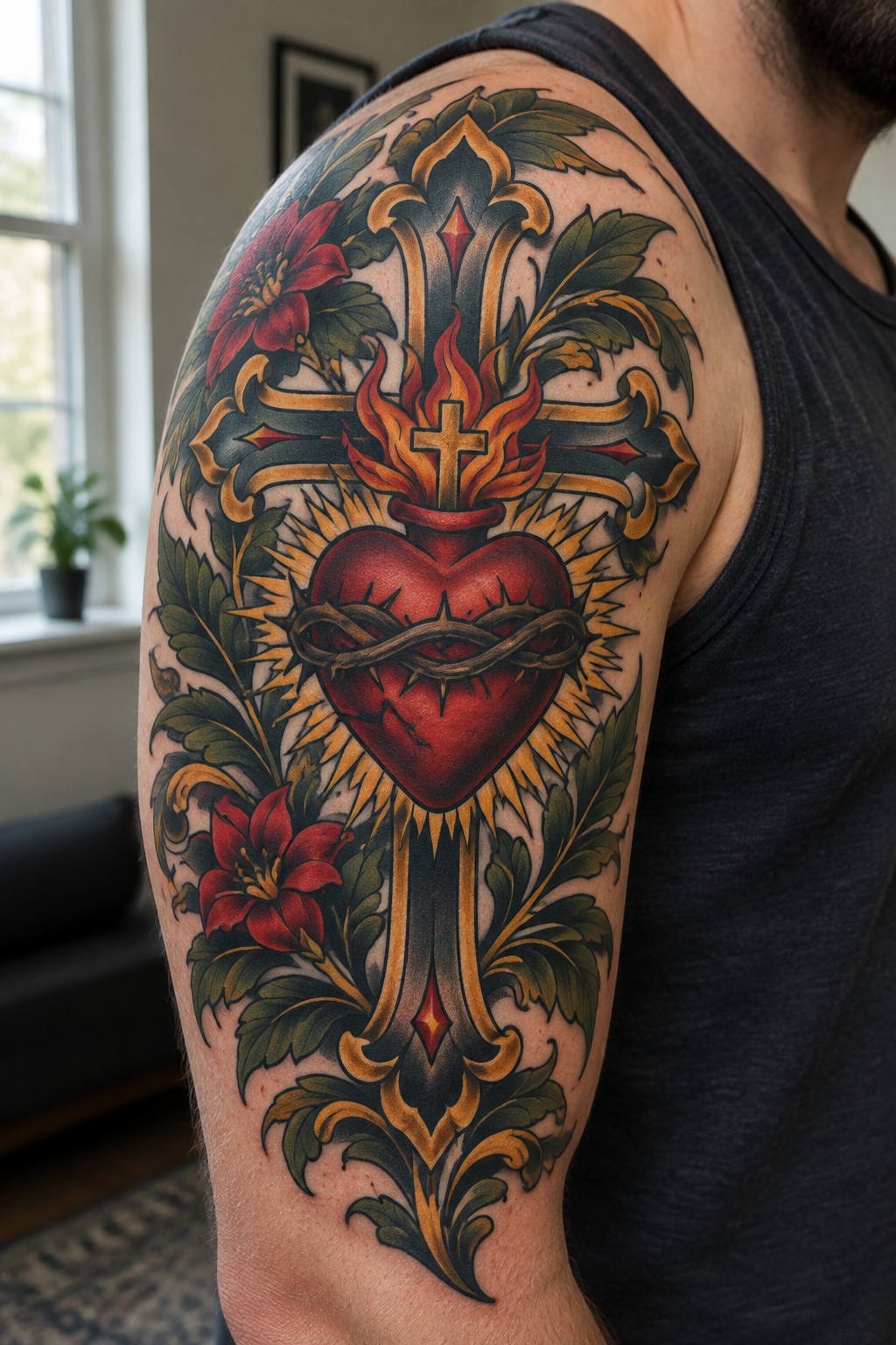 Vibrant sacred heart tattoo with flames, cross, and lilies on man's shoulder in black tank top