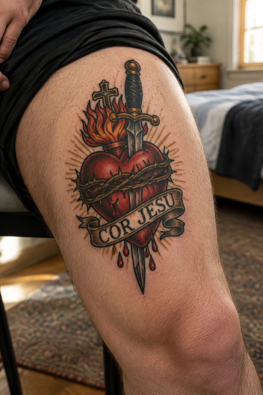 Traditional sacred heart tattoo with sword, flames, thorns and banner on thigh