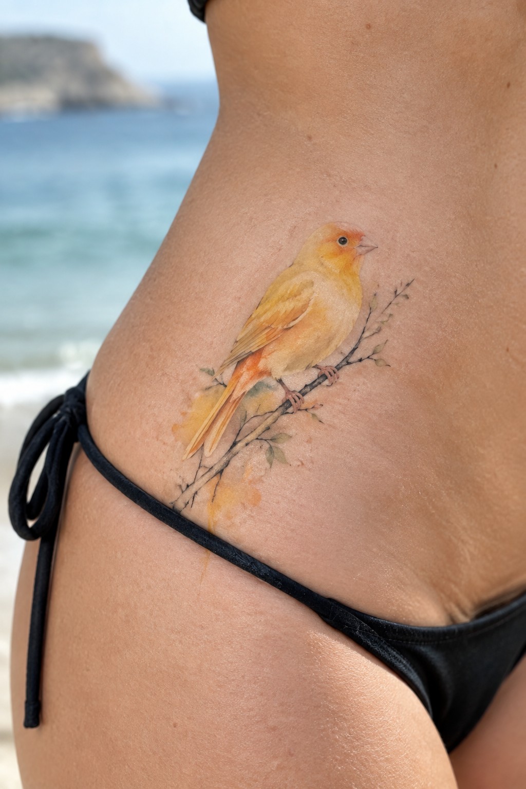 Watercolor orange bird tattoo on hip above black string bikini at beach