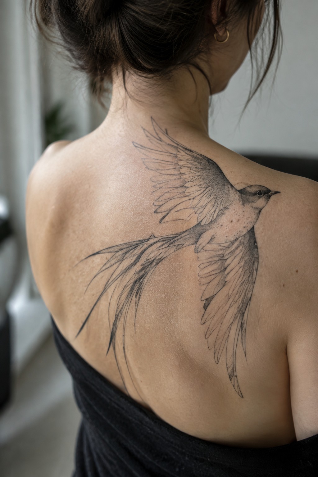 Woman's upper back with large detailed bird tattoo, dark hair in bun, black towel.
