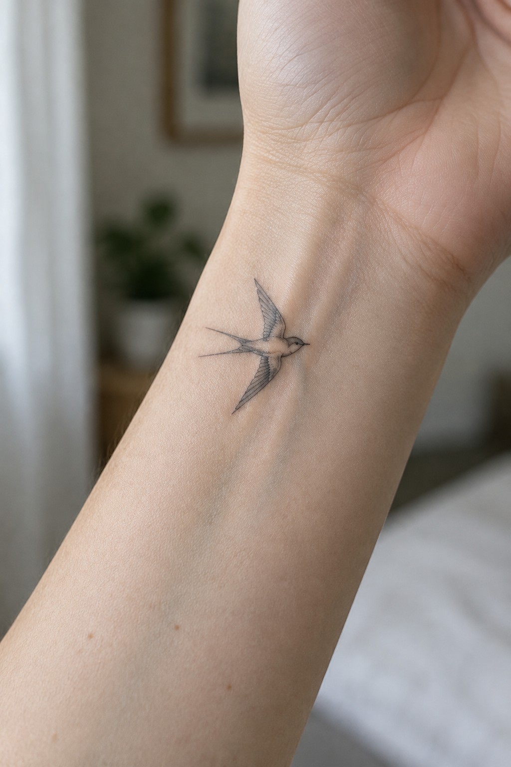 Small fine line swallow tattoo in flight on the inner wrist with light shading on the wings.