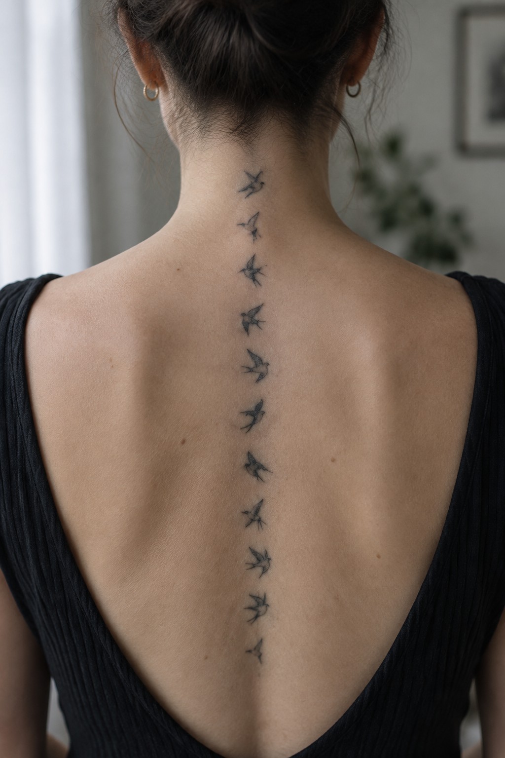 Woman's back in black top with vertical line of black bird tattoos down spine