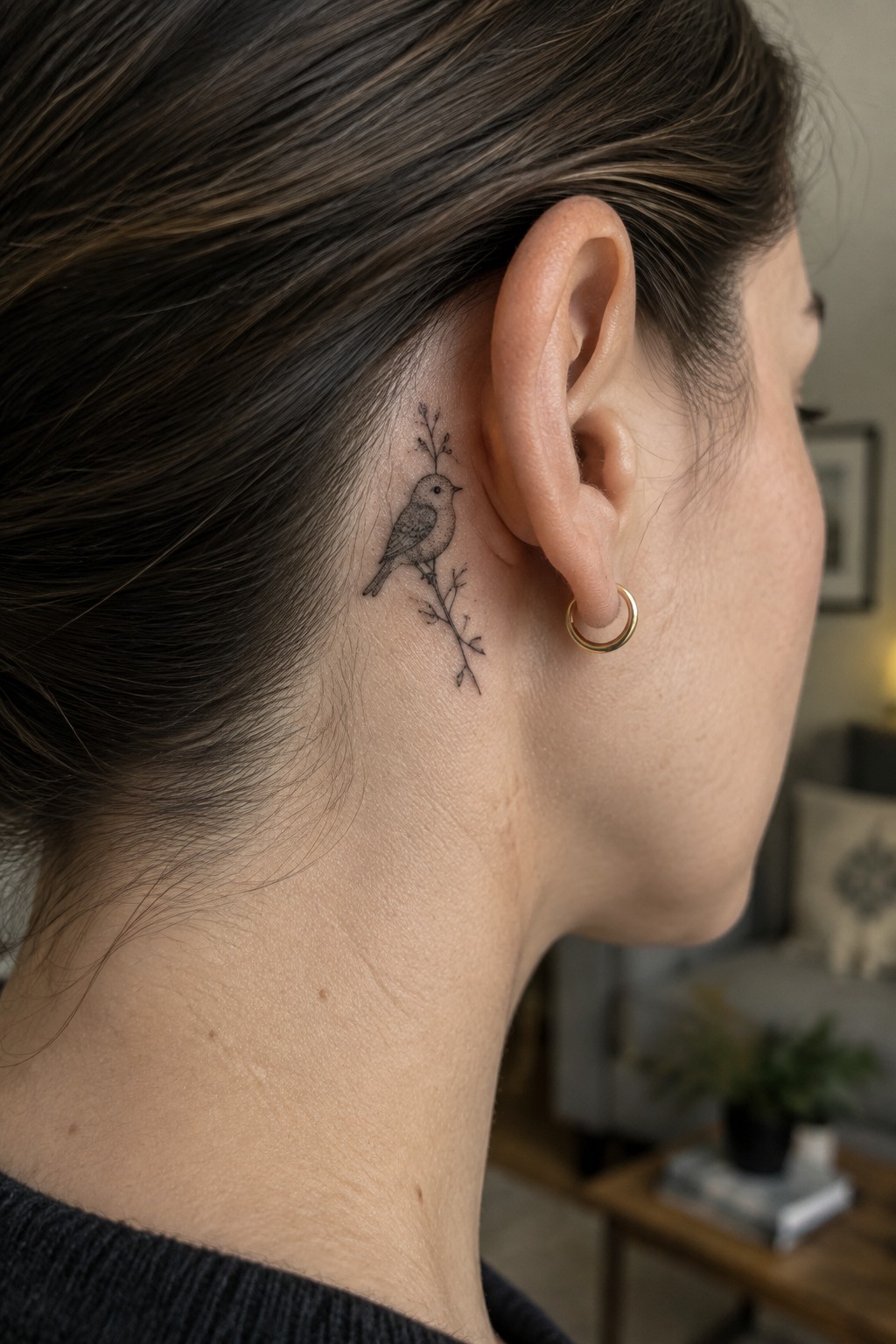 Bird tattoo behind ear on neck beside gold hoop earring in dark hair