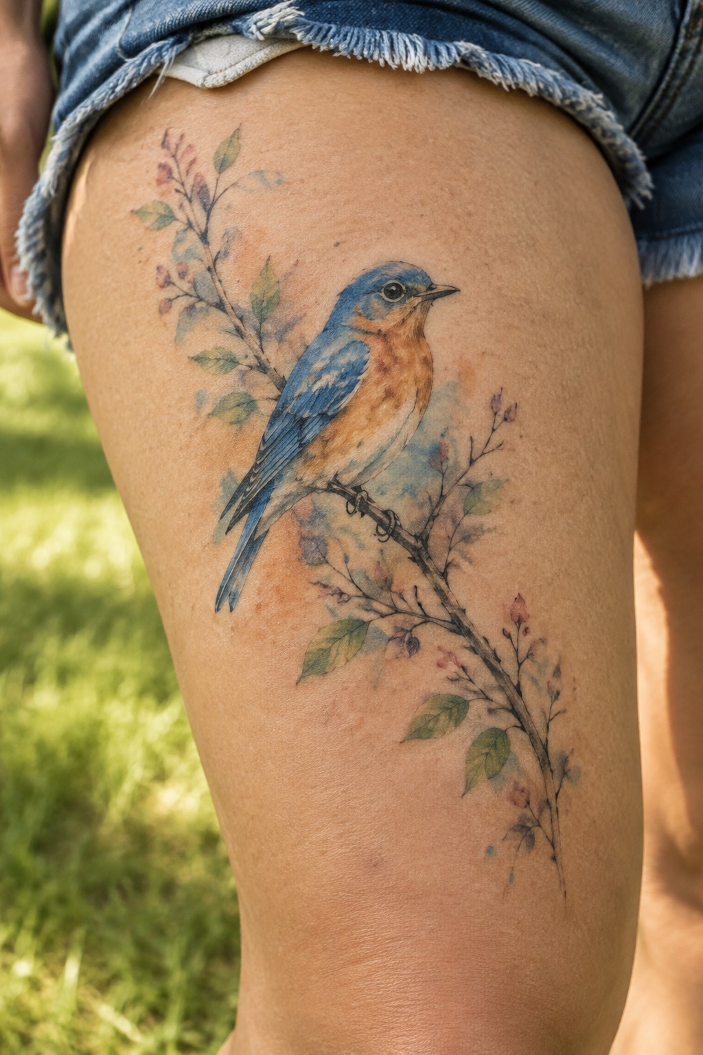 Watercolor bluebird tattoo on upper thigh with branch and leaves in soft colors