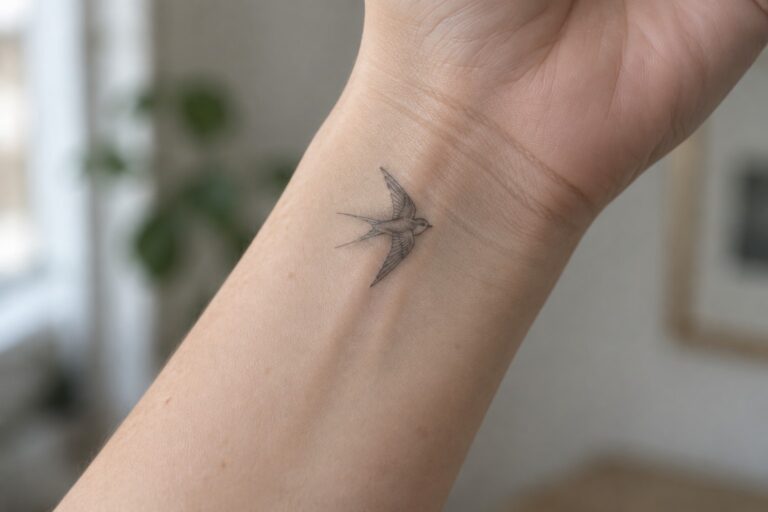 Small fine line swallow tattoo in flight on the inner wrist with light shading on the wings.