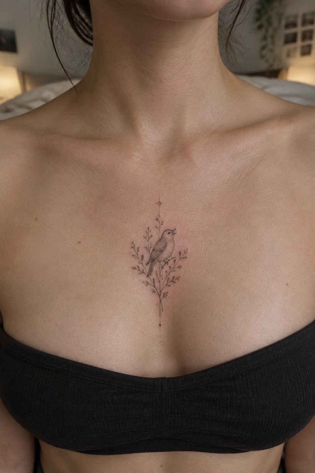 Delicate fine line tattoo of a small songbird perched on a leafy branch, placed in the center of the upper chest.