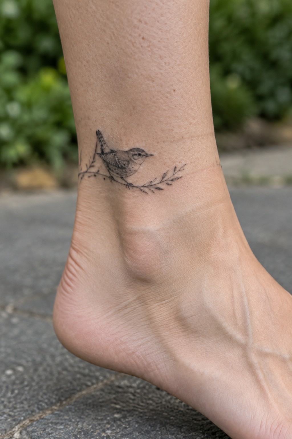Bird perched on leafy branch tattooed in black ink on ankle