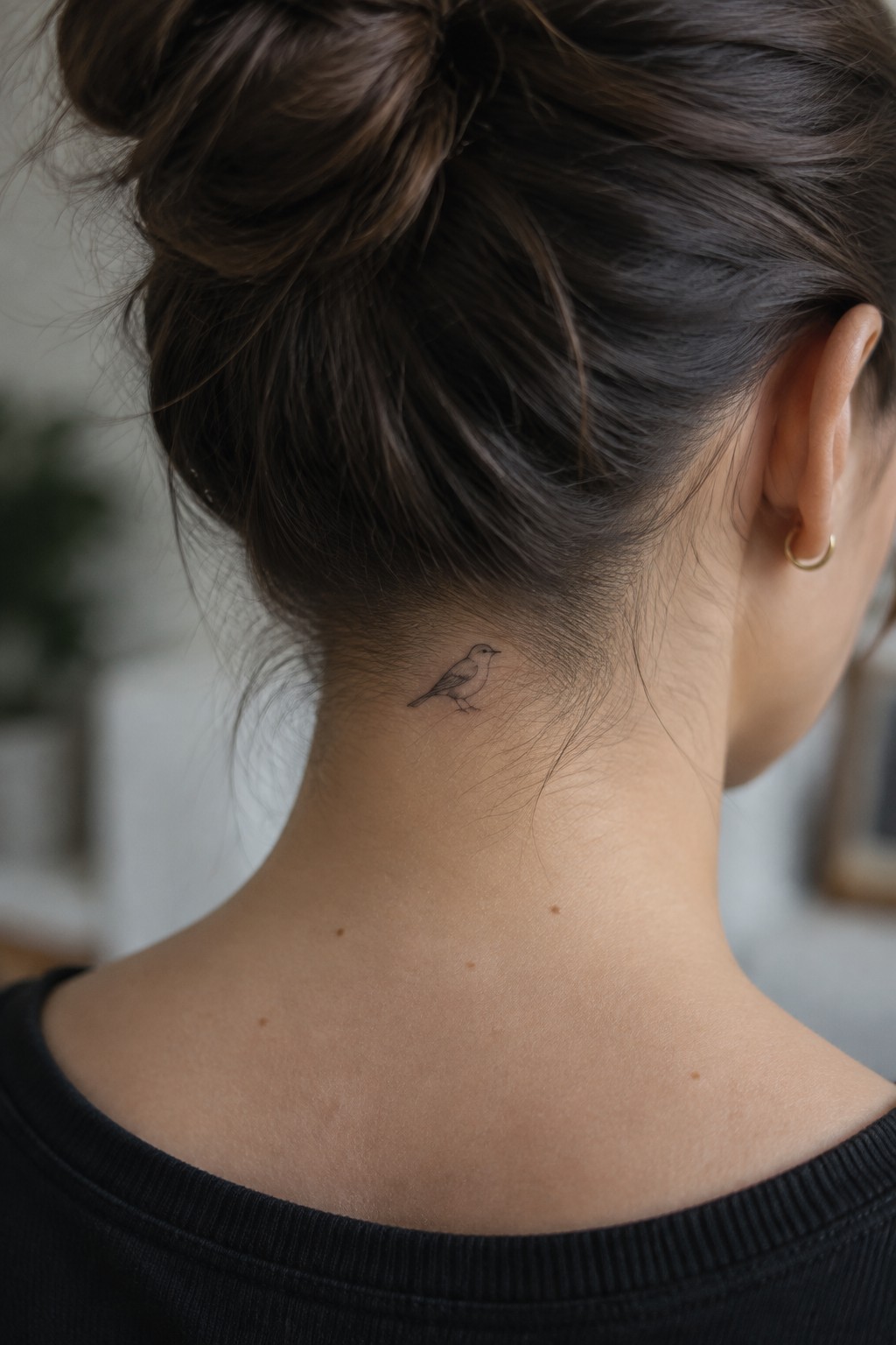 Woman's neck with small bird tattoo, brown bun, black top, gold earring