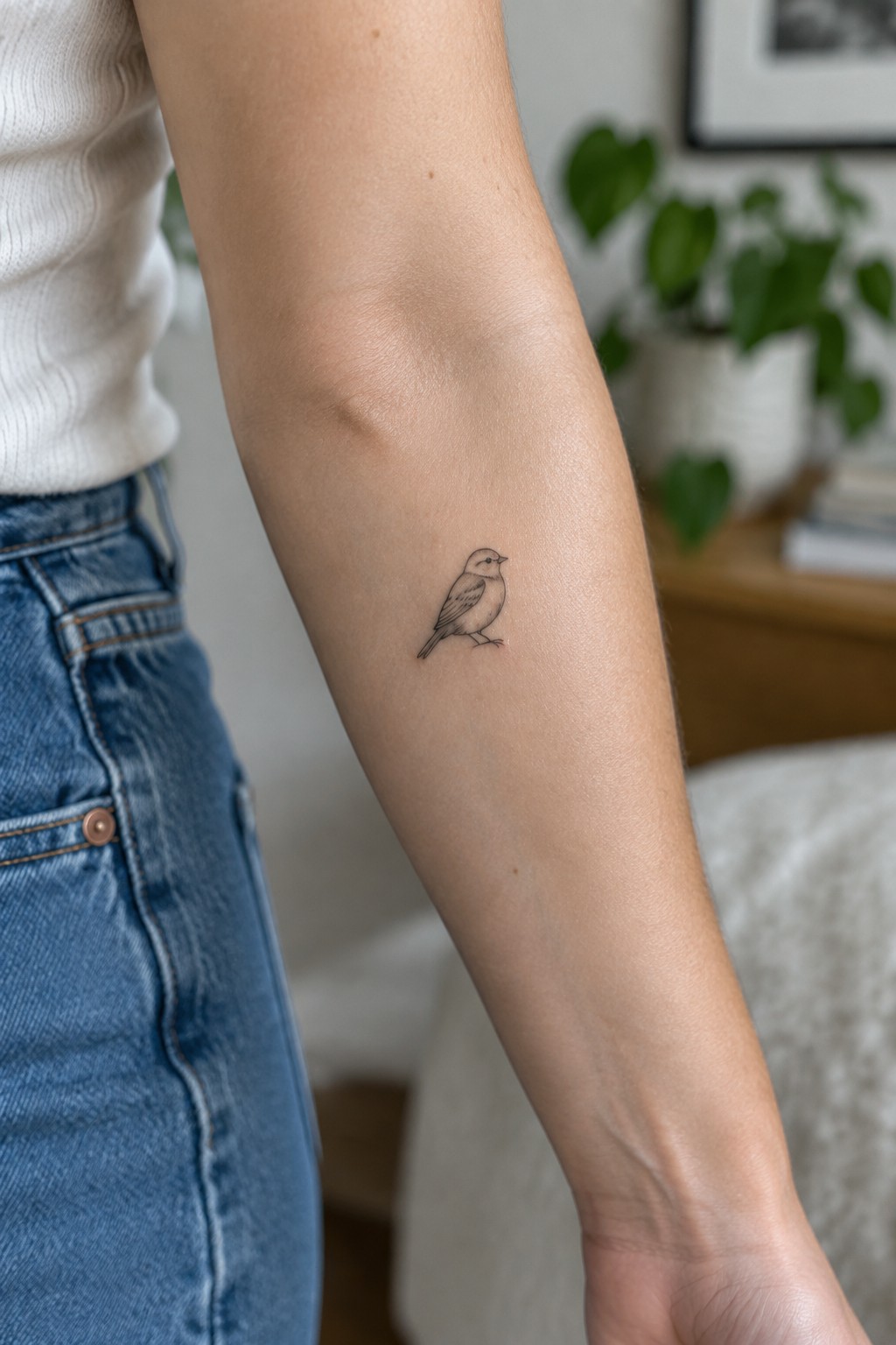 Fine line tattoo of a small songbird on the inner forearm of a person in a white top and jeans.
