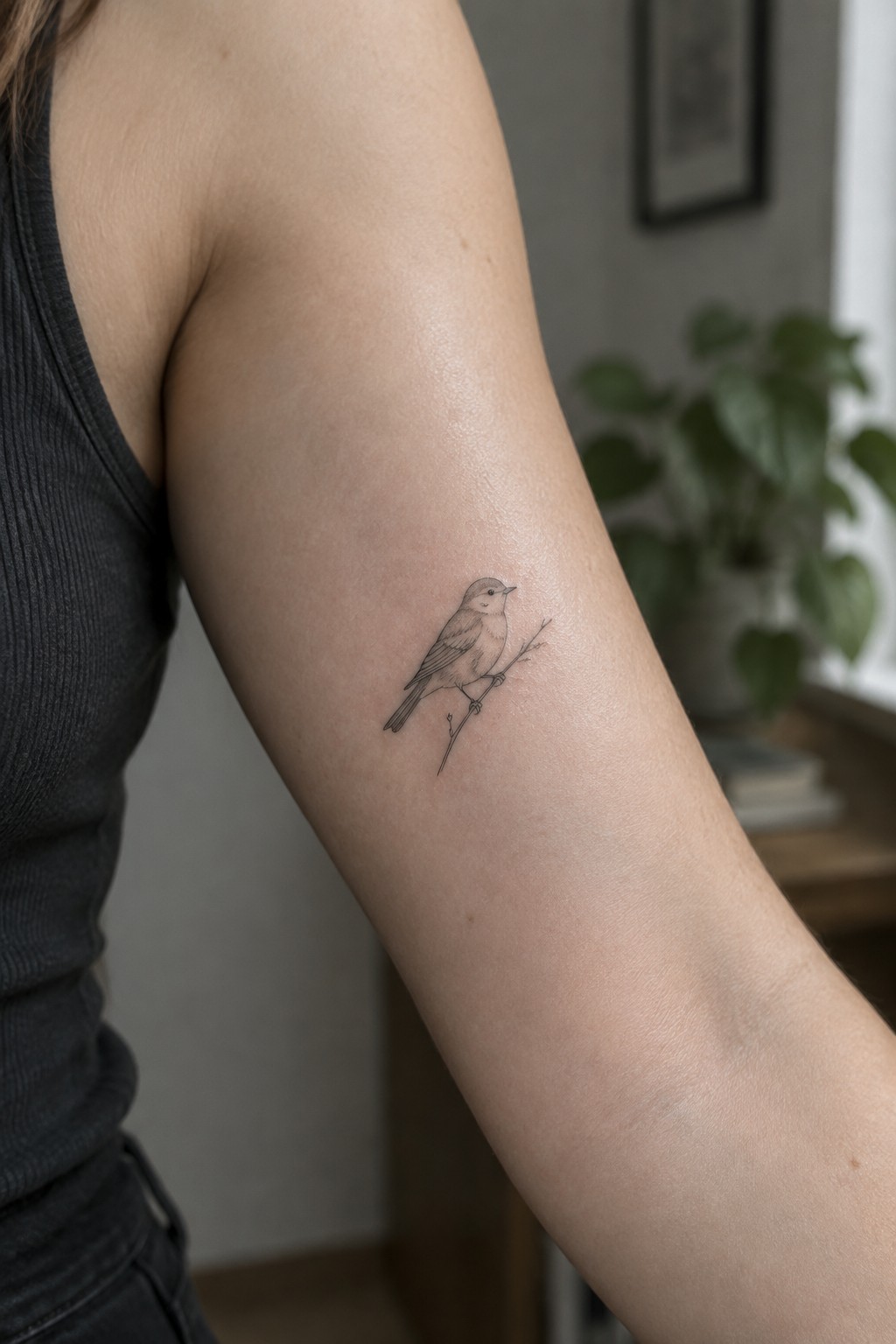 Fine line tattoo of a small songbird perched on a branch on the upper arm
