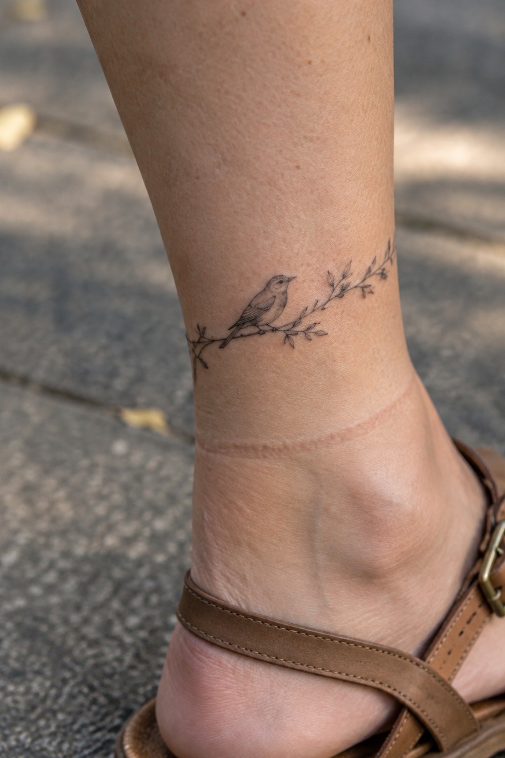 Bird on leafy branch tattoo around ankle above brown sandal strap