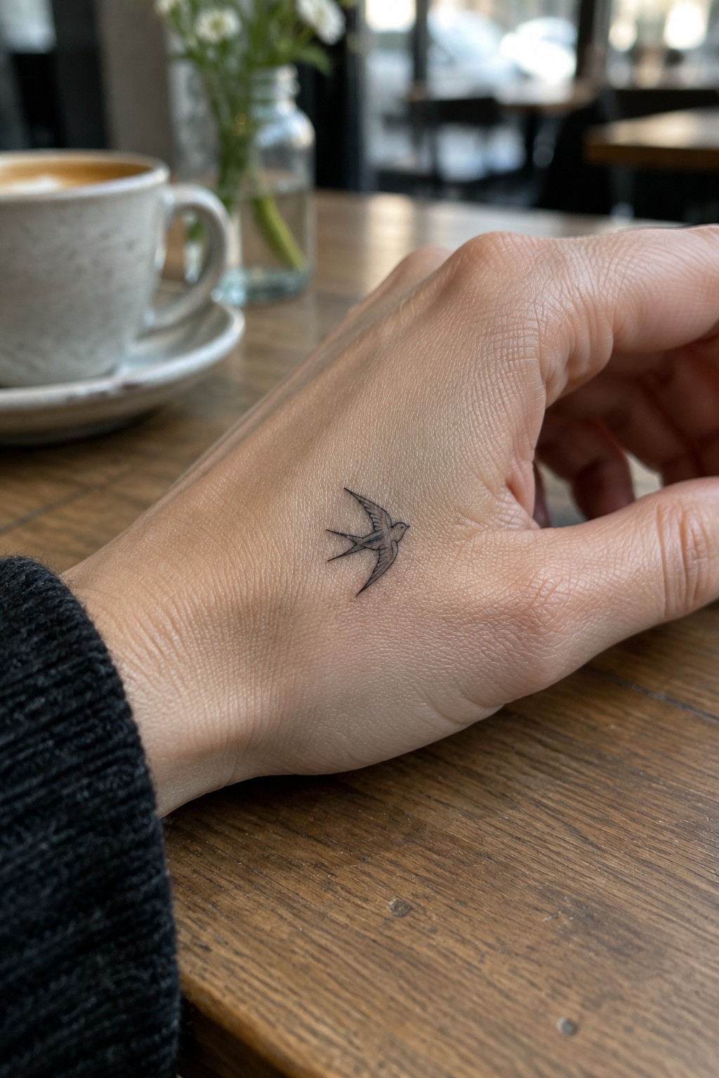 Small fine line swallow tattoo on the side of a hand near the thumb base, shown on a wooden table with a coffee cup nearby.