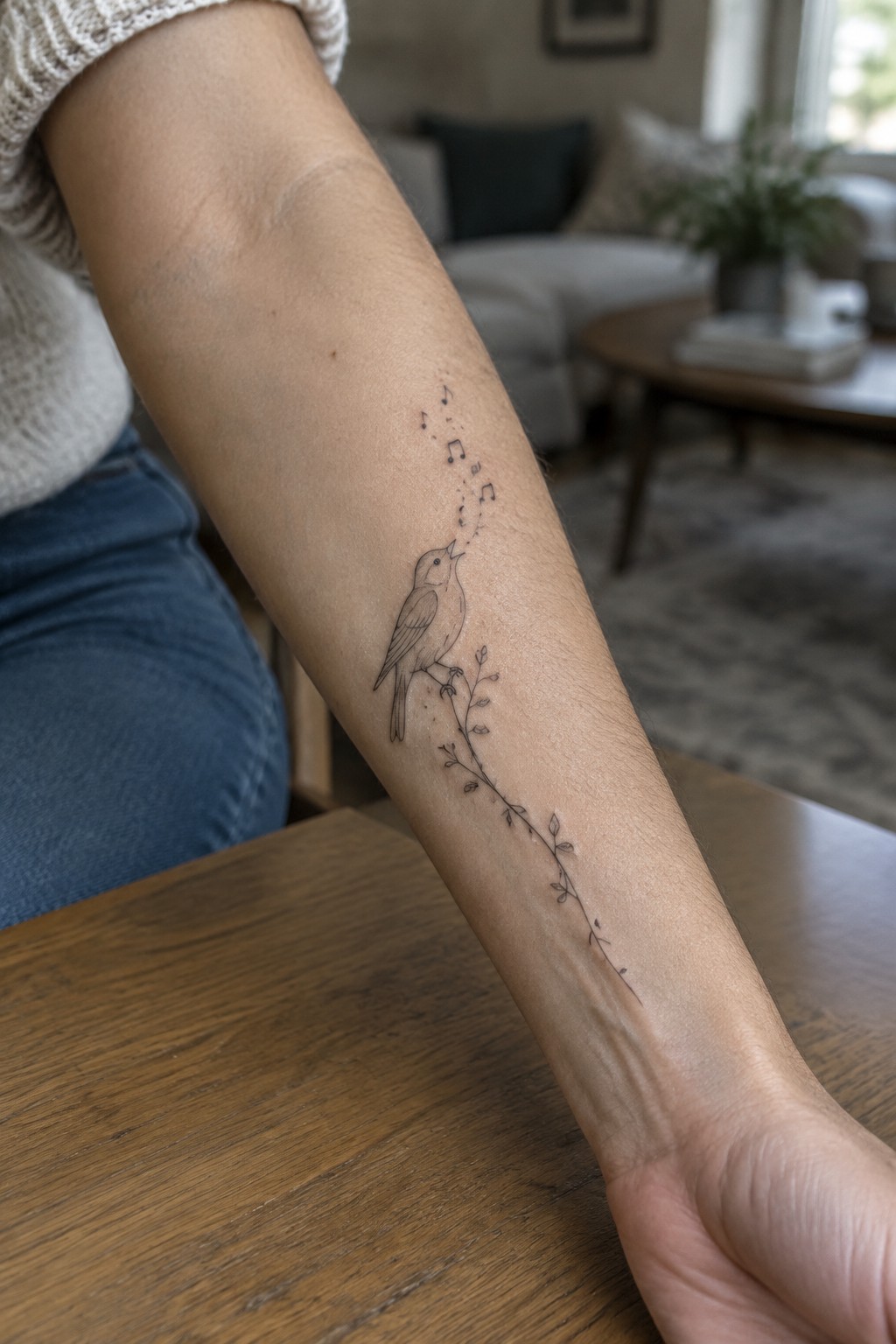 Fine line tattoo of a small songbird on a branch with floating musical notes along the inner forearm