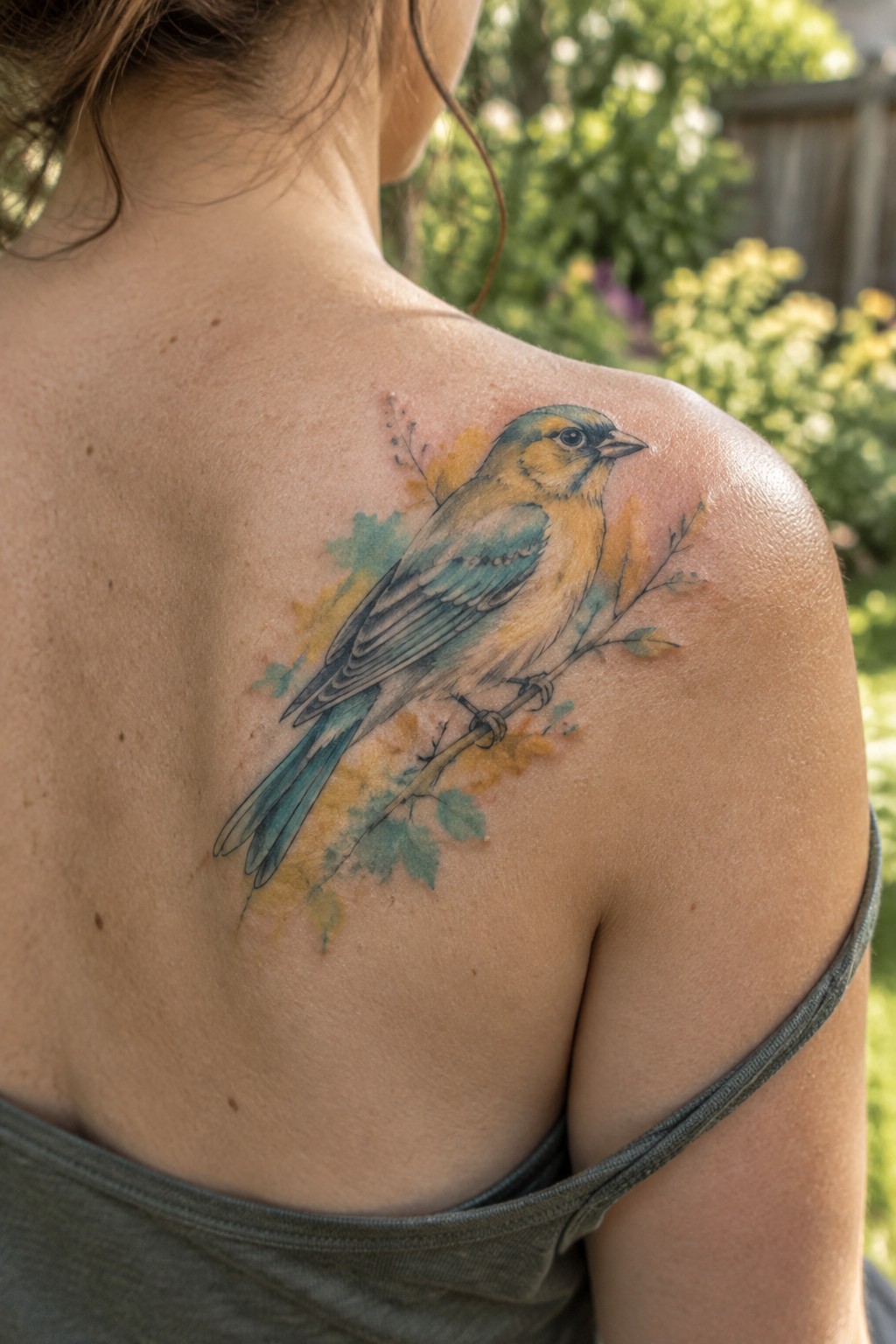 Colorful bird tattoo on woman's shoulder with watercolor leaves and branch