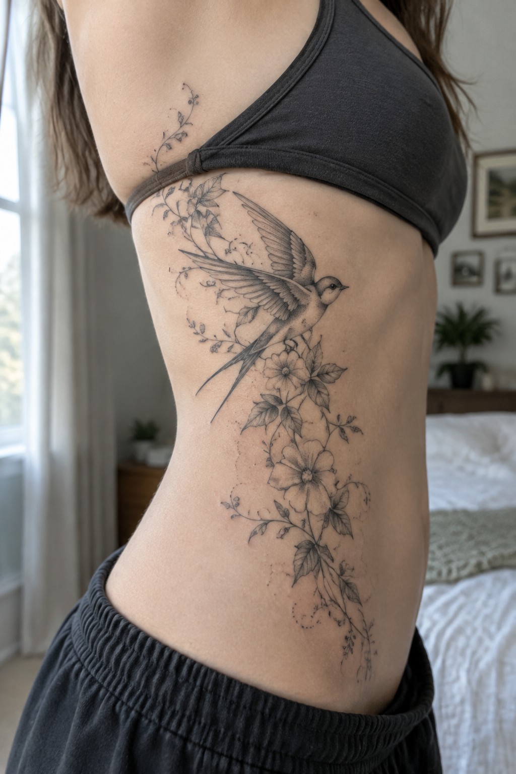 Woman's side torso with large swallow and floral tattoo under gray bra
