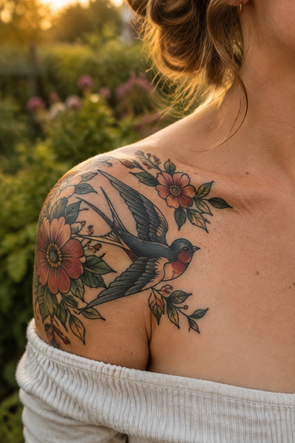 Swallow bird tattoo with red flowers and leaves on woman's sunlit shoulder above off-white top