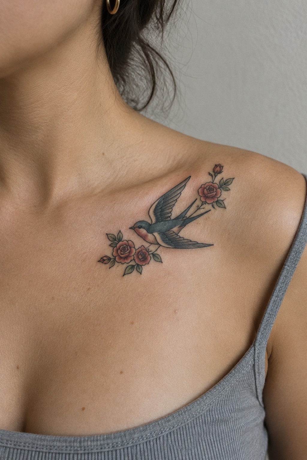 Swallow bird and pink roses tattoo on shoulder above gray tank top