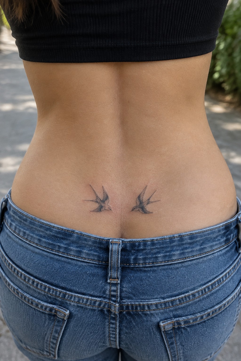 Two small swallow tattoos placed symmetrically on the lower back above blue jeans.