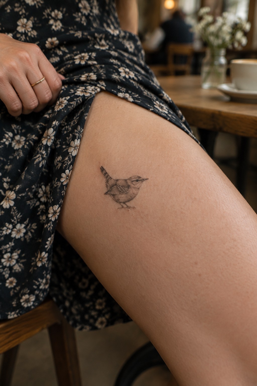 Small bird tattoo on thigh under lifted floral dress beside cafe table.