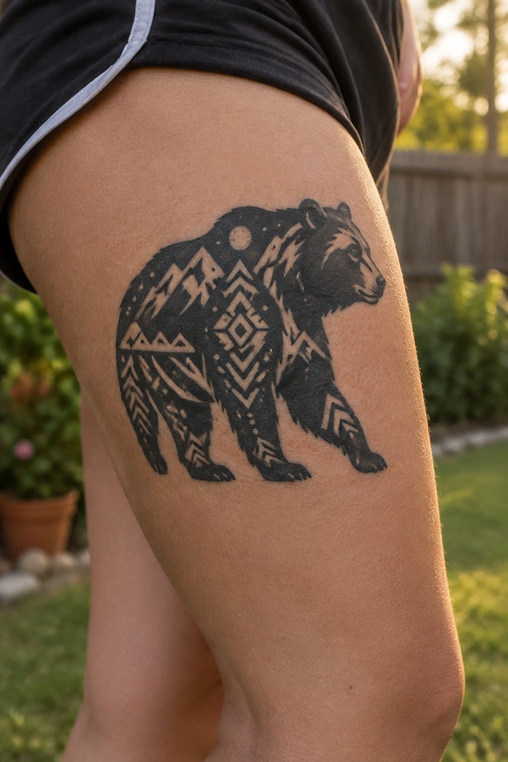 Black shorts and large geometric bear tattoo on thigh in sunlight.