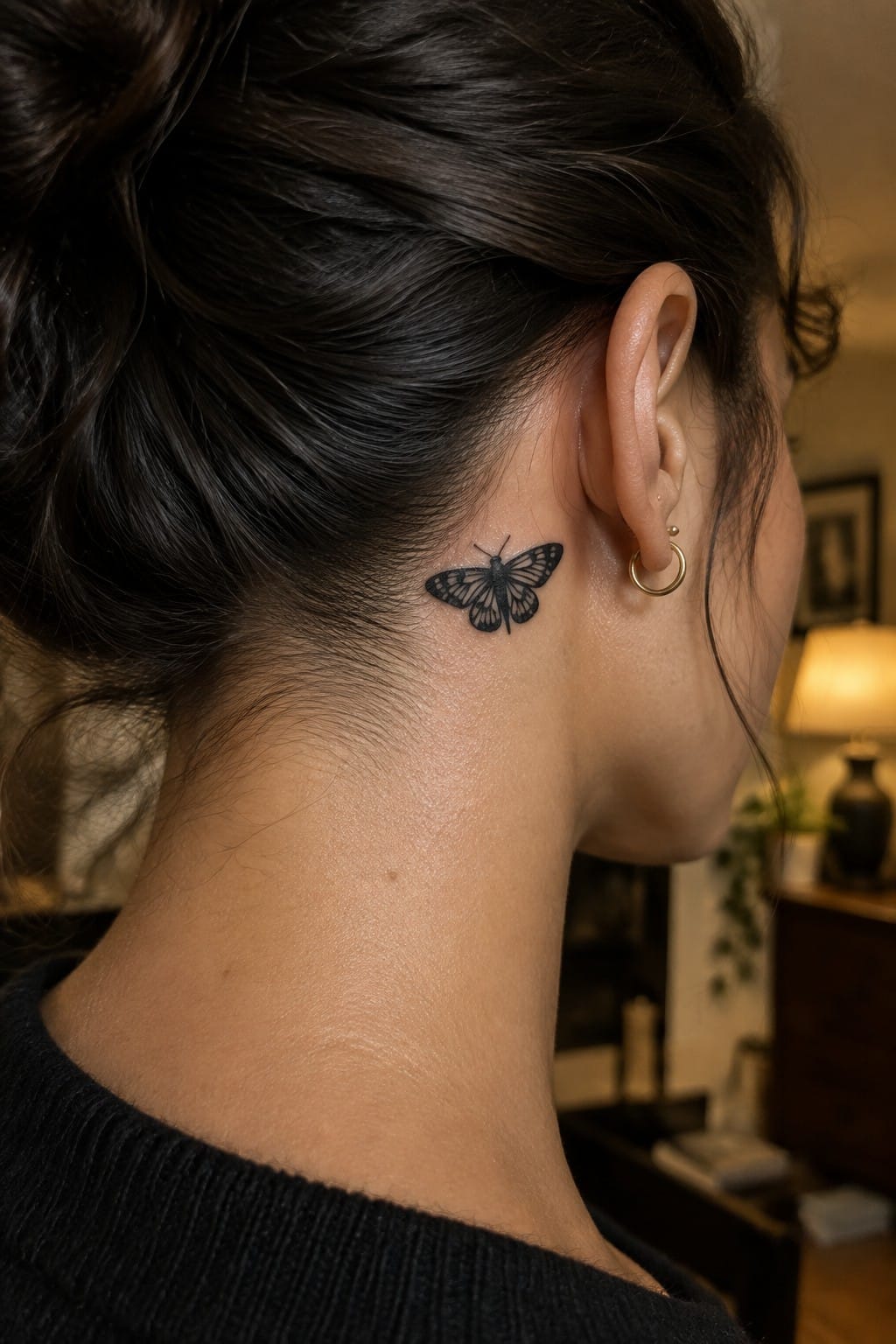 Woman's neck with black butterfly tattoo, dark bun hairstyle, and gold hoop earring