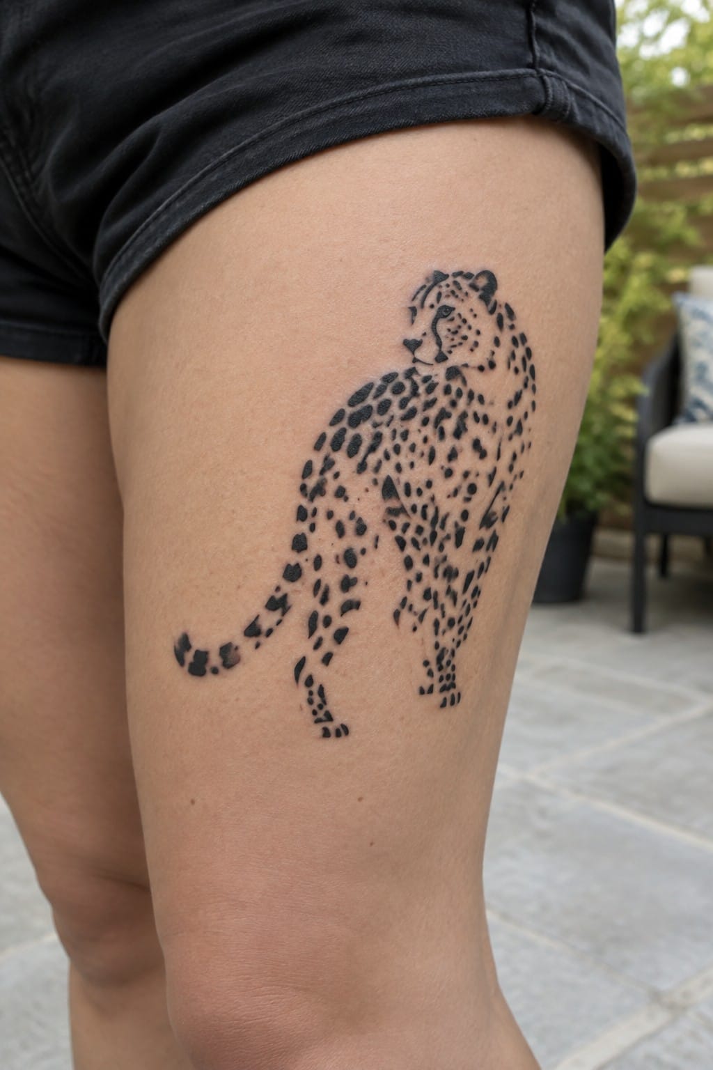 Blackwork cheetah tattoo on the thigh done in a dotted style with the animal shown walking in profile