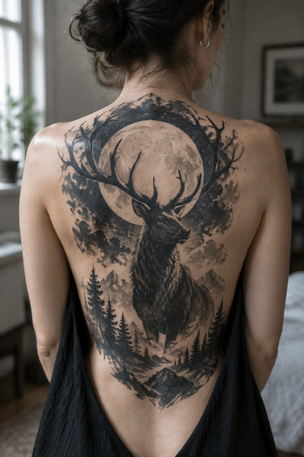 Woman's back with large stag tattoo under full moon amid trees and mountains, in black top.