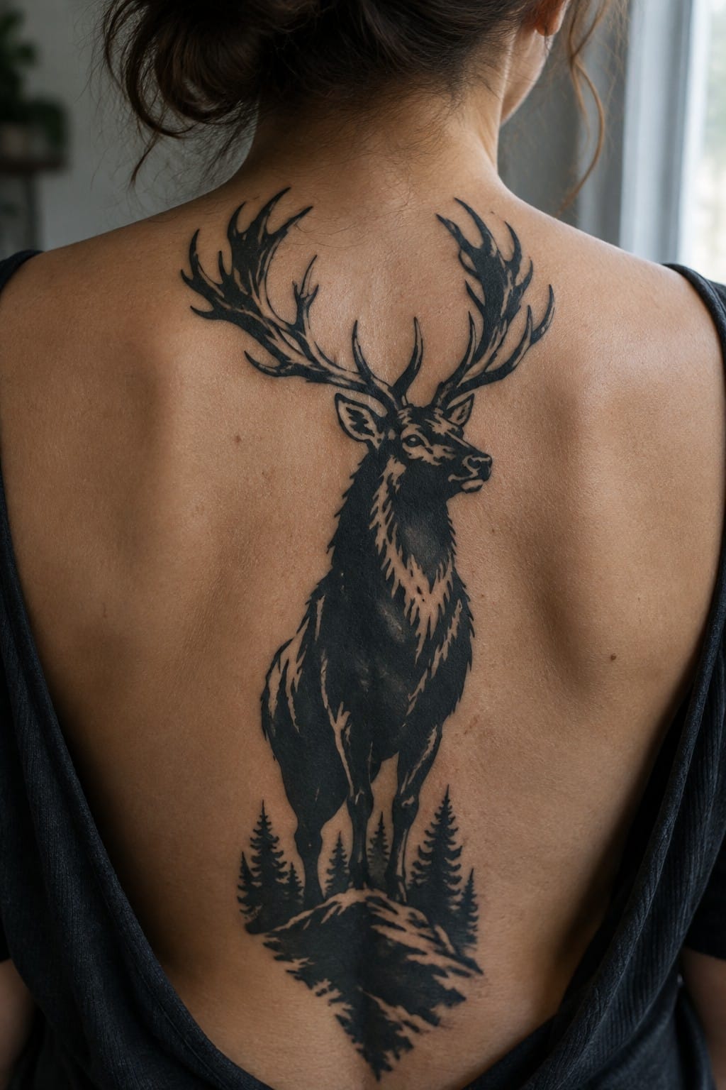 Blackwork tattoo of a stag with large antlers on a woman's back, with pine trees and a mountain silhouette below.