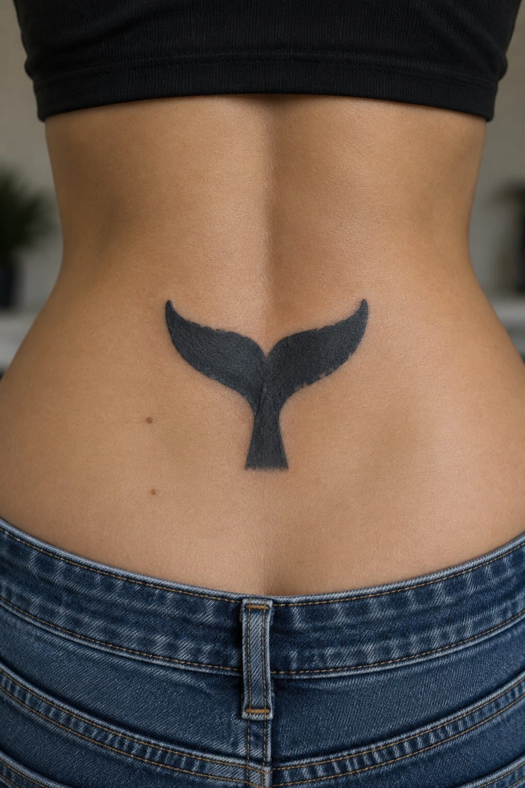 Black whale tail tattoo on lower back above blue denim jeans