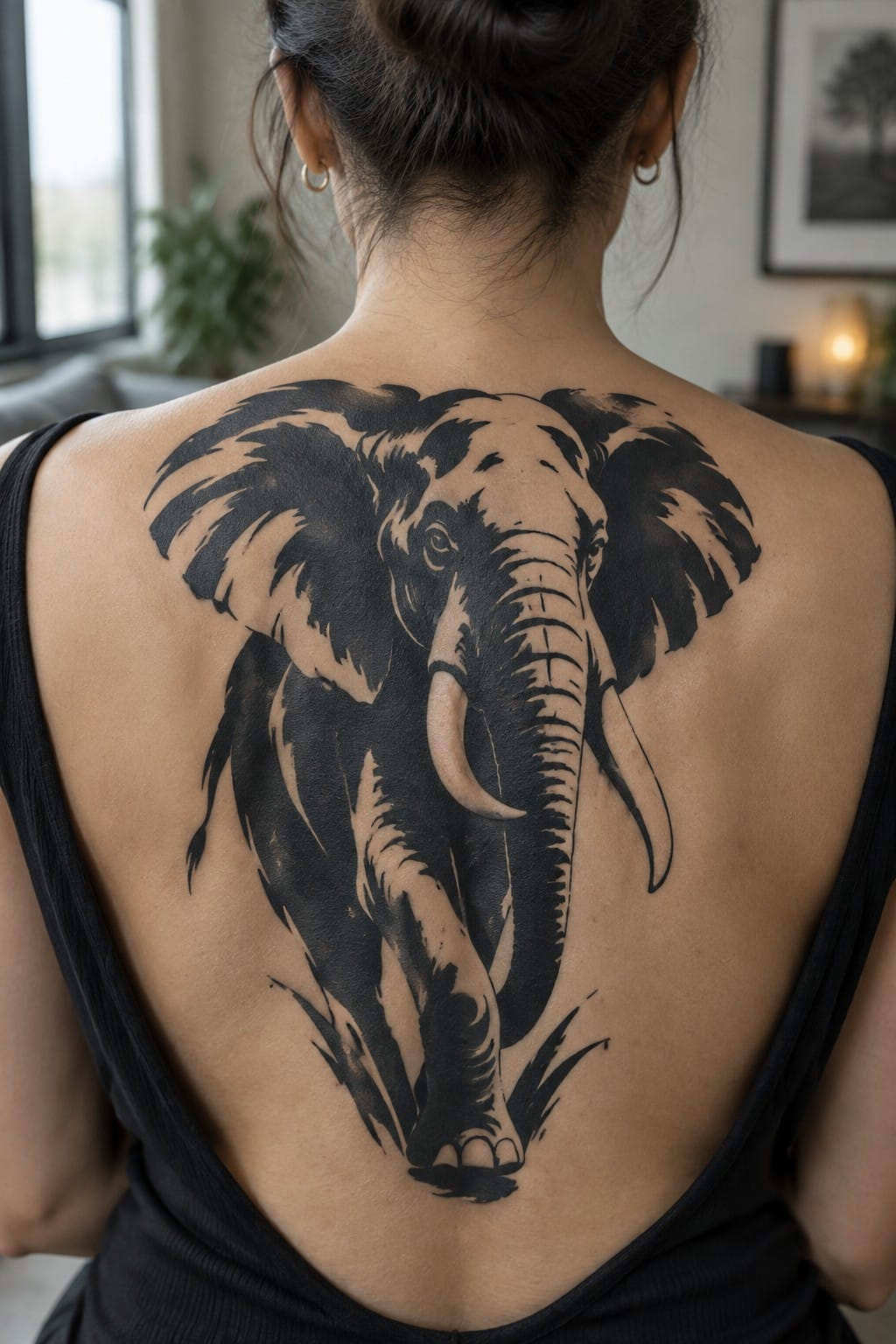 Woman's back with large black elephant tattoo in black tank top