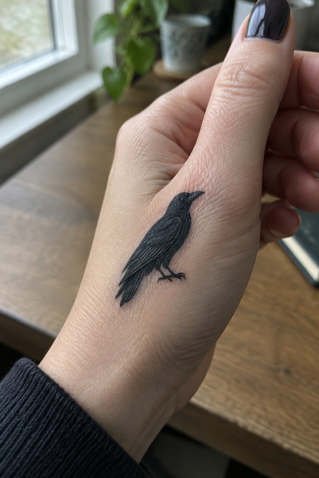 Hand with detailed black crow tattoo, dark nail polish, wooden table and plants behind.