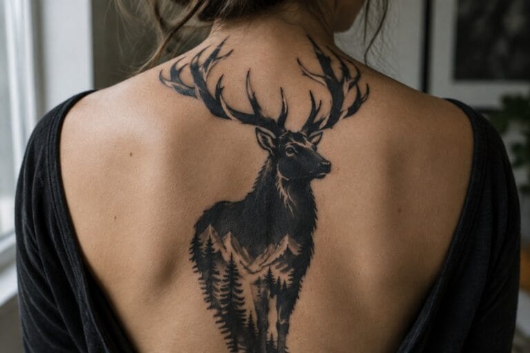 22 Dramatic Blackwork Animal Tattoos for Women Using High-Contrast Wildlife Shapes Blackwork tattoo of a stag with large antlers on a woman's back, with pine trees and a mountain silhouette below.