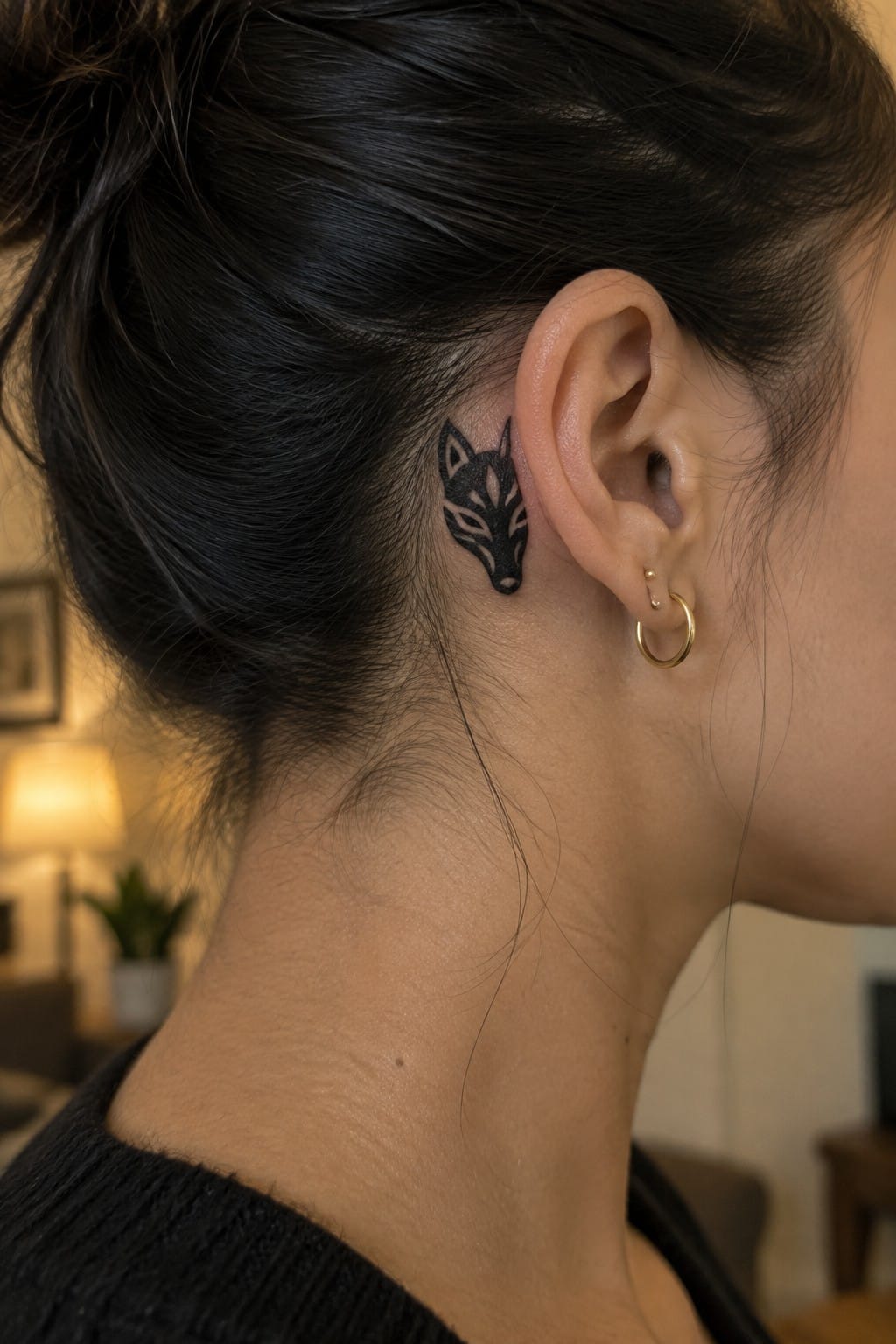 Small blackwork fox head tattoo placed behind a woman's ear on the side of her neck, shown with hair in a bun and a gold hoop earring.