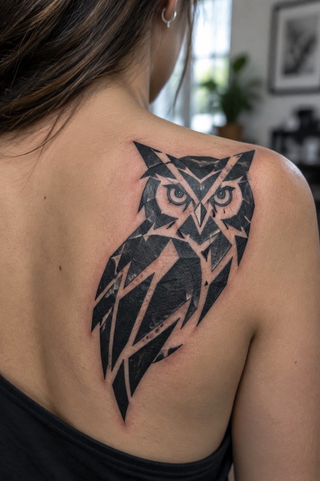 Geometric black owl tattoo on woman's right shoulder and upper back