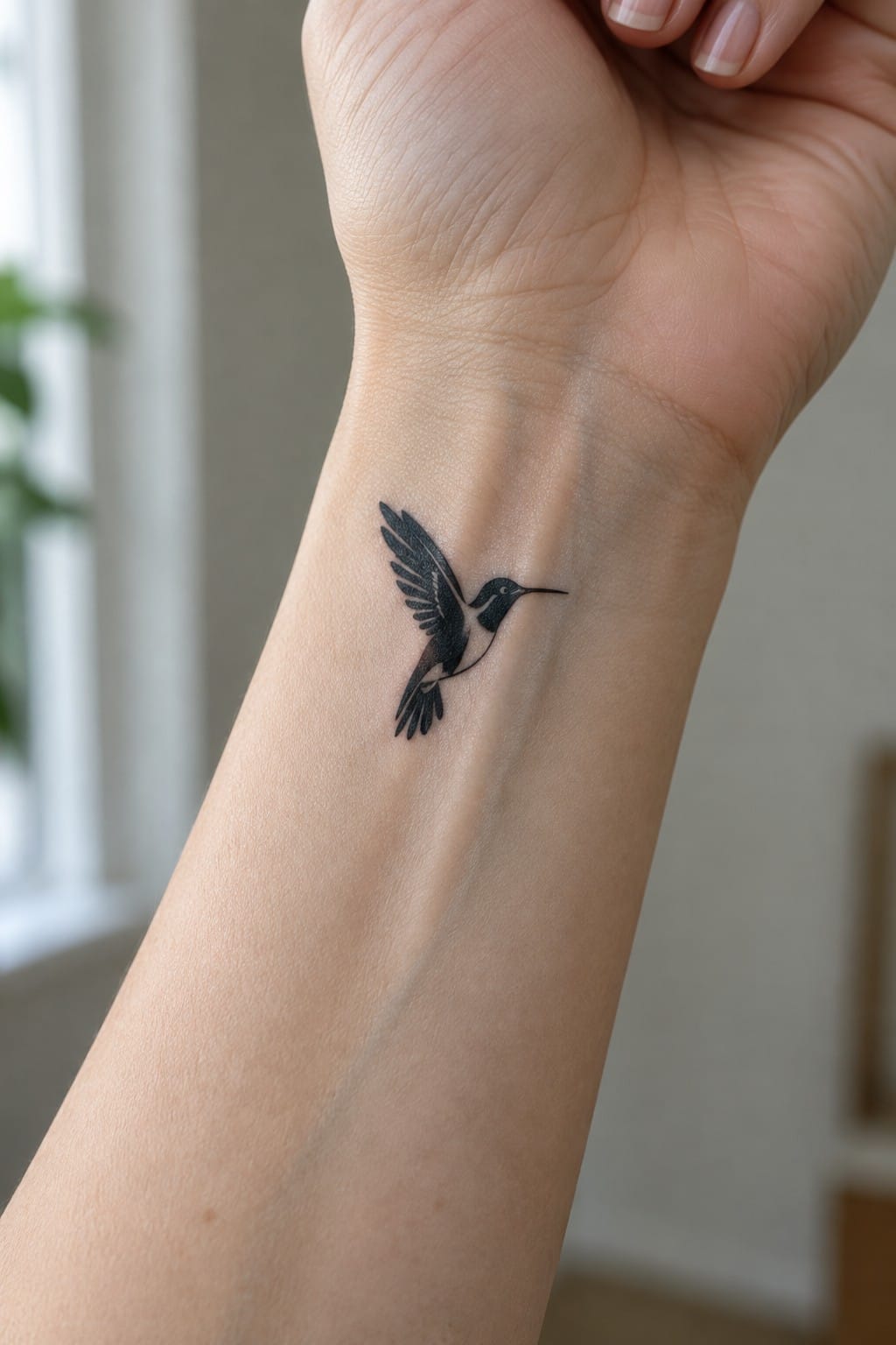 Black hummingbird tattoo on inner wrist of a raised light-skinned hand