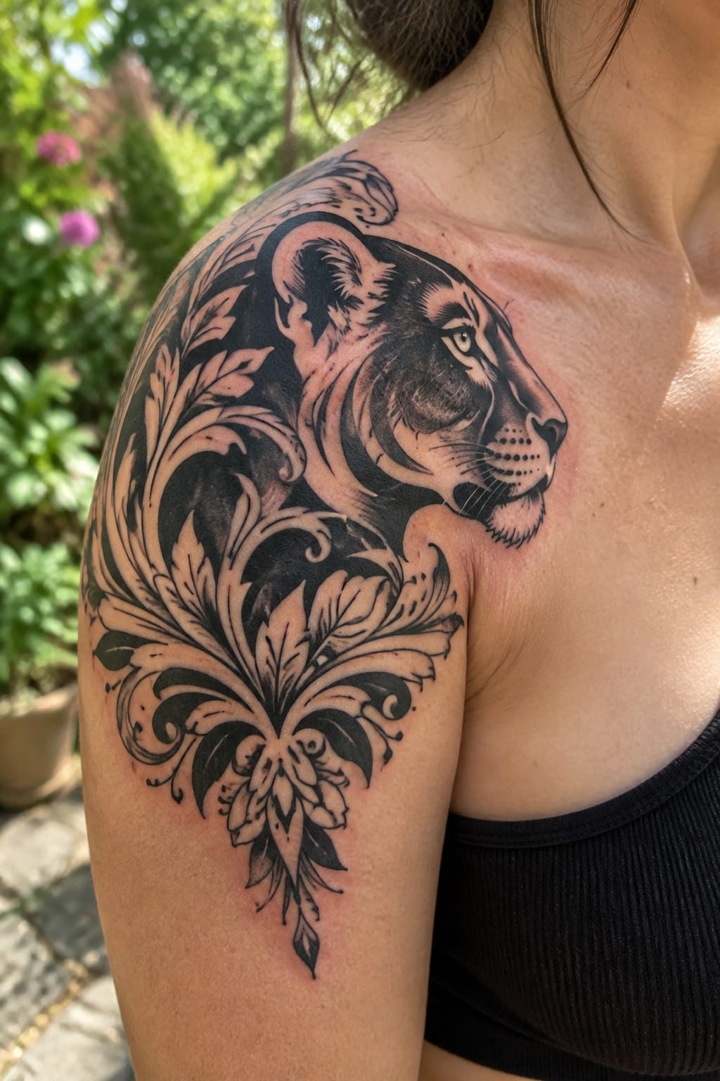 Blackwork tattoo of a lioness head on a woman's upper arm and shoulder, combined with large ornamental leaf and scroll patterns in black and grey ink.